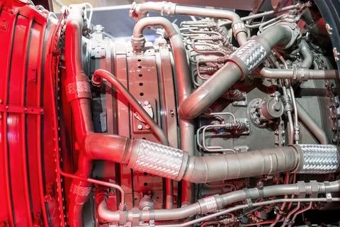 Close up view of airplane engine with wires and pipes Stock Photos