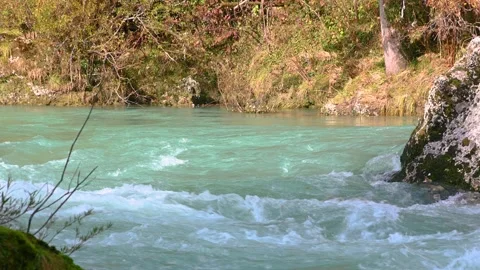 Close up view of Alpine river flowing downstream. Pristine nature in Slovenia Stock Footage 141760306
