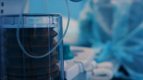 Close up view of anaesthesia machine ventilator and patients monitor inside the Stock Footage 118120469
