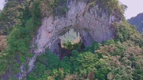 Close-Up View of Angel Eye Mountain's Unique Geological Formation in Cao Bang Stock Footage 280374056
