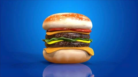 Close-up view animation Juicy beef burger with cutlet, lettuce and sauce Video stock 336579591