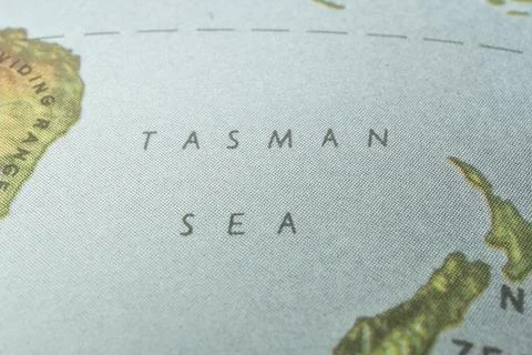 Close-up view of an antique world map, focusing on Tasmania Shows landmasse.. Stock Photos