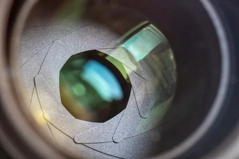 Close-up view on aperture of macro lens. Photography and lenses concept. Stock Photos