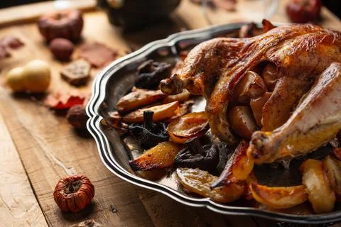 Close-up view appetizing baked turkey with potato and mushrooms on wooden bac Stock Photos