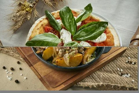 Close up view on Appetizing with burrata cheese, tomatoes and basil on a line Stock Photos