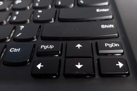 A close-up view of the arrow keys and navigation keys, such as PgUp and PgD.. Stock Photos