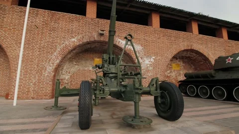 A close up view on the artillery-type weapon vehicle monument of the WW2 Stock Footage 148215405