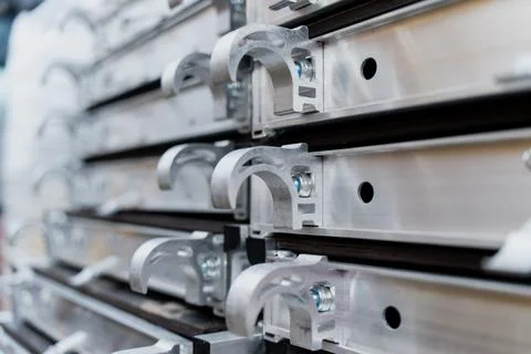 Close view of assembled scaffold platforms equipped with attachment hooks Stock Photos