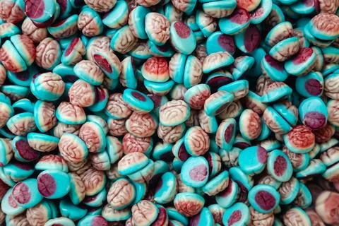 Close up view of assorted colorful brain shape jelly candies. Stock Photos