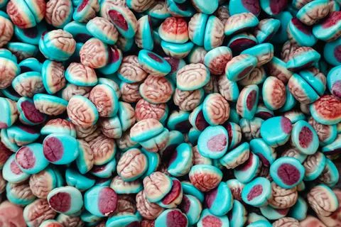 Close up view of assorted colorful brain shape jelly candies. Stock Photos