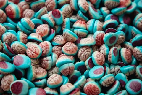 Close up view of assorted colorful brain shape jelly candies. Stock Photos