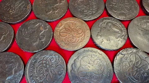Close view of assorted old 2 kopeck coins 1757-1762 Russian Empire Elizabet.. Stock Footage 337392046