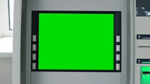 Close up view of ATM machine with green screen and blinking green signal. Cash Video stock 107386467