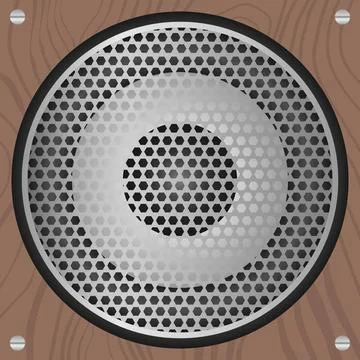 Close Up View of Audio Speaker Mesh Mounted on Brown Wood Texture Background Ilustración de archivo