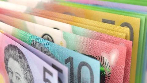 Close-up view of Australian dollar banknotes in different denominations. Stock Illustration