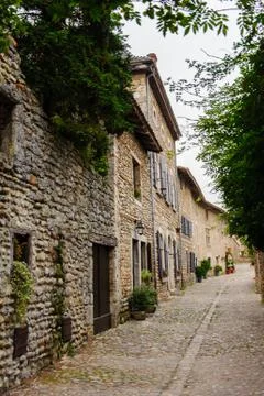 Close view of the authentic stone house of Perouges, France, a medieval walle Stock Photos