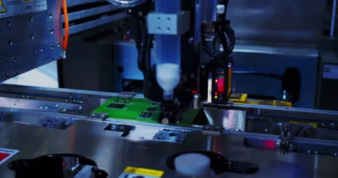 A close up view of automated machinery inserting components onto a circuit board Stock Footage 306775017