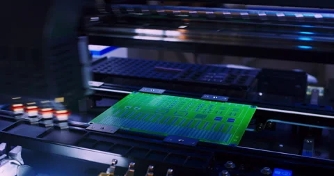 A close up view of automated machinery inserting components onto a circuit board Stock Footage 306778808