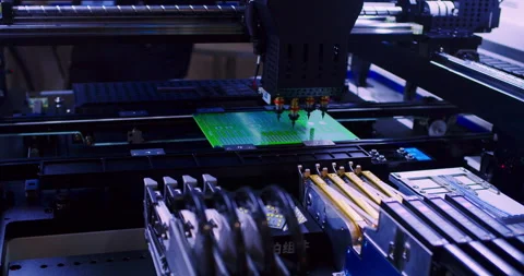A close up view of automated machinery inserting components onto a circuit board 스톡 동영상 312148392