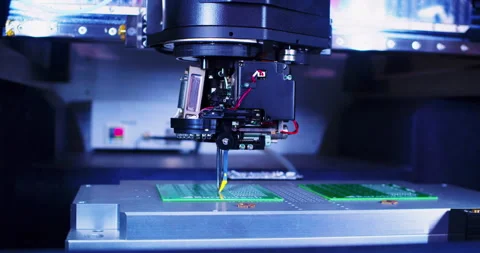 A close up view of automated machinery inserting components onto a circuit board 스톡 동영상 314935311