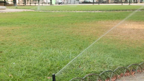  Close-up view of an automated pop-up sprinkler spraying a stream of water over  Stock Footage 338006021