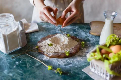 Close up view of baker kneading dough. Homemade bread. Hands preparing bread Stock Photos
