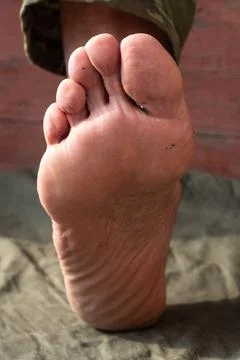 Close-up view of a bare human foot with visible toes and skin texture. Foot.. Stock Photos
