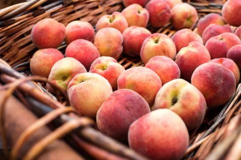 Close up view of basket with fresh juicy peaches Foto stock