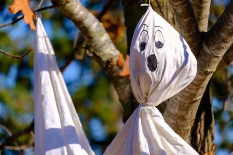 Close-up view of bed sheet ghost hanging in tree Stock Photos