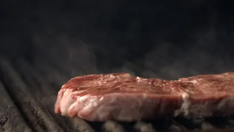 Close-up view of beefsteak on outdoor open fire grill Stock Footage 157842950