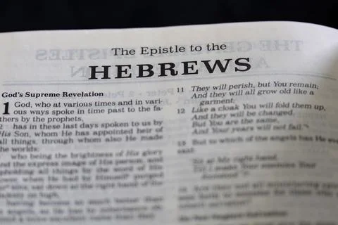 A close up view of the bible in hebrew, with text in english Stock Photos