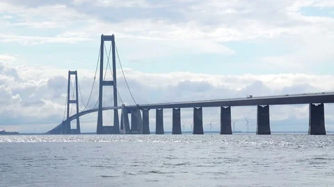 Close-up View of Big Belt Bridge Crossing between the Danish islands Stock Footage 83244412