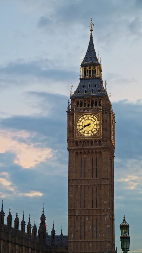 Close-up view of Big Ben illuminated at dusk in London, England. Vertical Stock Footage 315541530