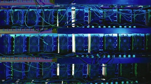 Close Up View of Bitcoin Mining Farm Stock Footage 311563760