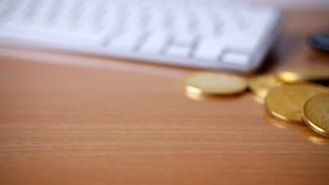 Close up view of bitcoins on the working table with slide motion footage Stock Footage 111406817