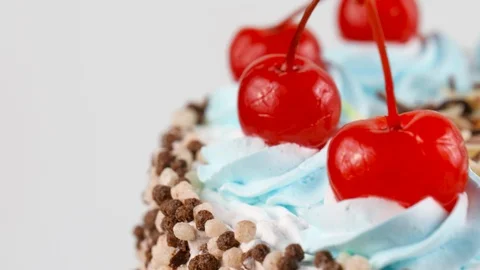 Close-up view of Black Forest cake whipped cream and red cherries 스톡 동영상 87175736