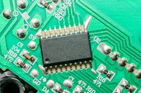 Close-up view of a black integrated circuit chip on a green circuit board Photos