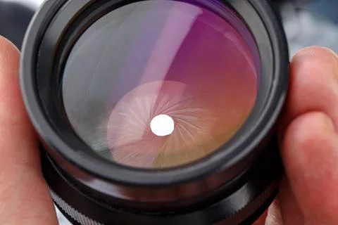 Close-up view of black large format photographic lens with closed iris aperture Stock Photos