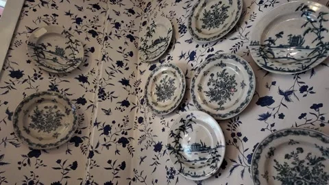 Close View of Blue and White Ceramic Tableware in a Gothenburg Market Display Stockbeeldmateriaal 347679561