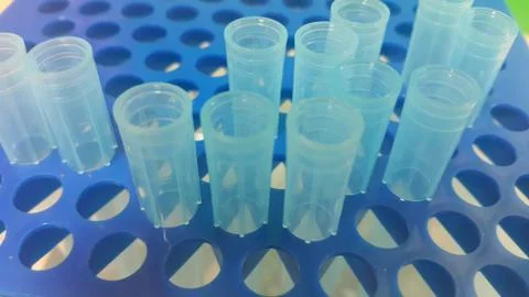 Close up view of blue micro litre tips in microtip box with empty holes. Rese Stock Photos