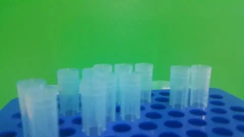 Close up view of blue micro litre tips in microtip box with empty holes. Rese Stock Photos