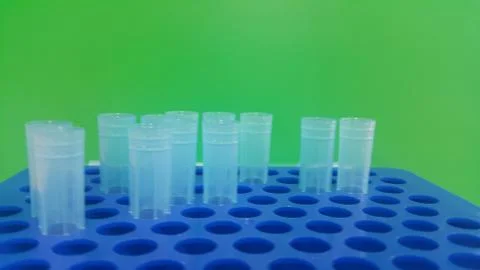 Close up view of blue micro litre tips in microtip box with empty holes. Rese Stock Photos