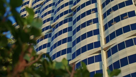 Close-up view of blue windows of a tall skyscraper and trees in the foreground.  Vídeos de archivo 281886830