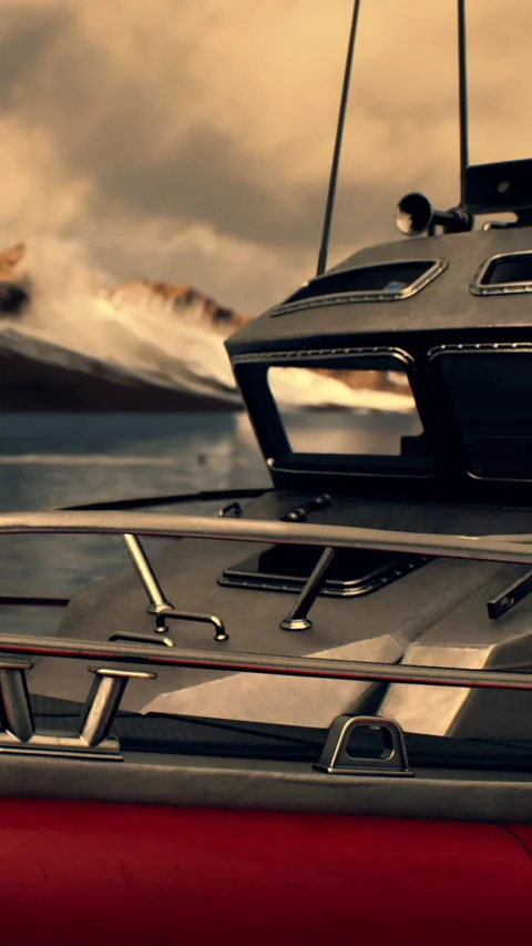 Close view of a boat on water with mountains in the background Stock Footage 346676419