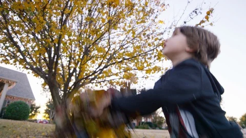 Close view of a boy throwing an armful of leaves into the air at sunset Stock-Footage 93888759
