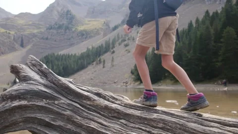 Close up view of boy walking on tree log Vídeos de archivo 252846398
