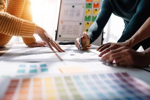 Close up view of brainstorm team of creative Web Graphic Designer ux developer Stock Photos