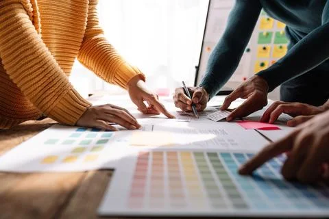 Close up view of brainstorm team of creative Web Graphic Designer ux developer Stock Photos