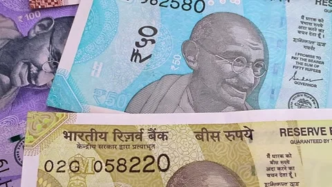 Close up view of brand new indian rupees banknotes. Stock Footage 291850153