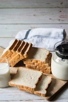 Close up view of bread slices and milk Stock Photos